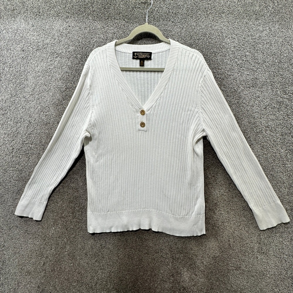 Ralph Lauren Pullover Sweater‎ Women 3X White Ribbed V Neck 100% Cotton